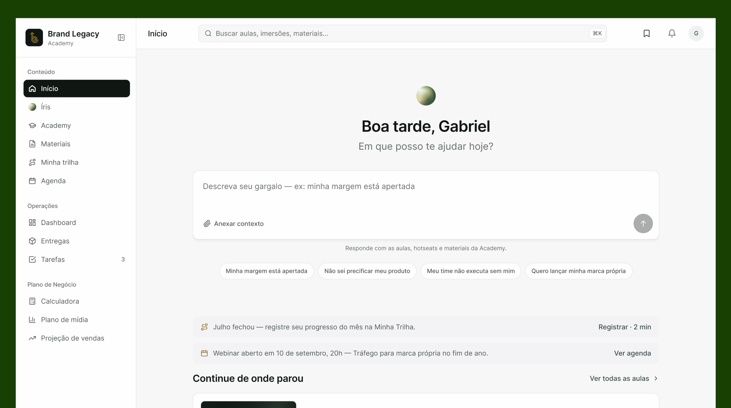 Dashboard da Brand Legacy Academy depois do redesign