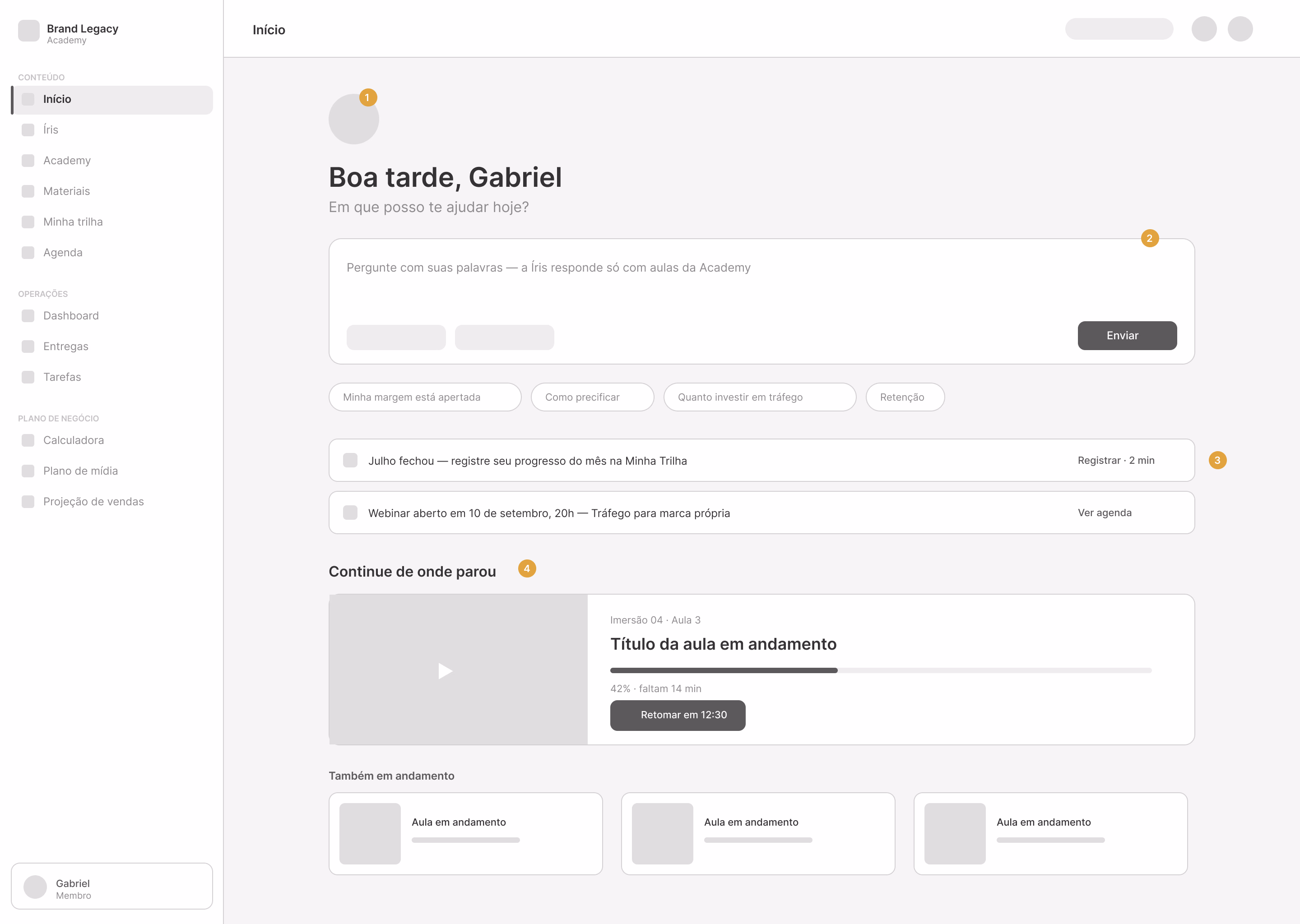 Wireframes construídos com IA para visualizar como ficaria cada módulo na nova interface antes de qualquer decisão visual.