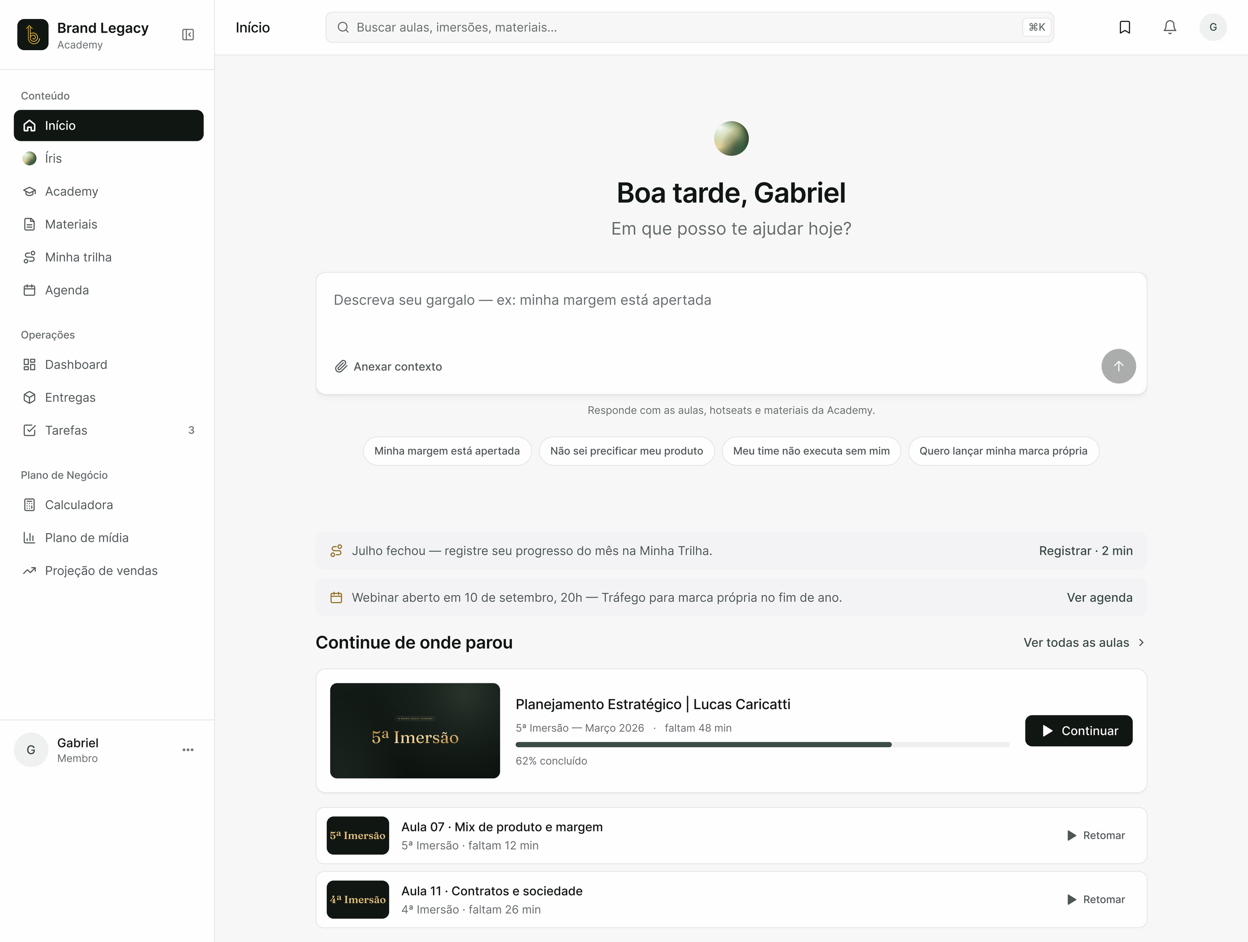 Dashboard da Brand Legacy Academy depois do redesign